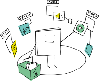 Ein Strichmännchen wählt Medien aus